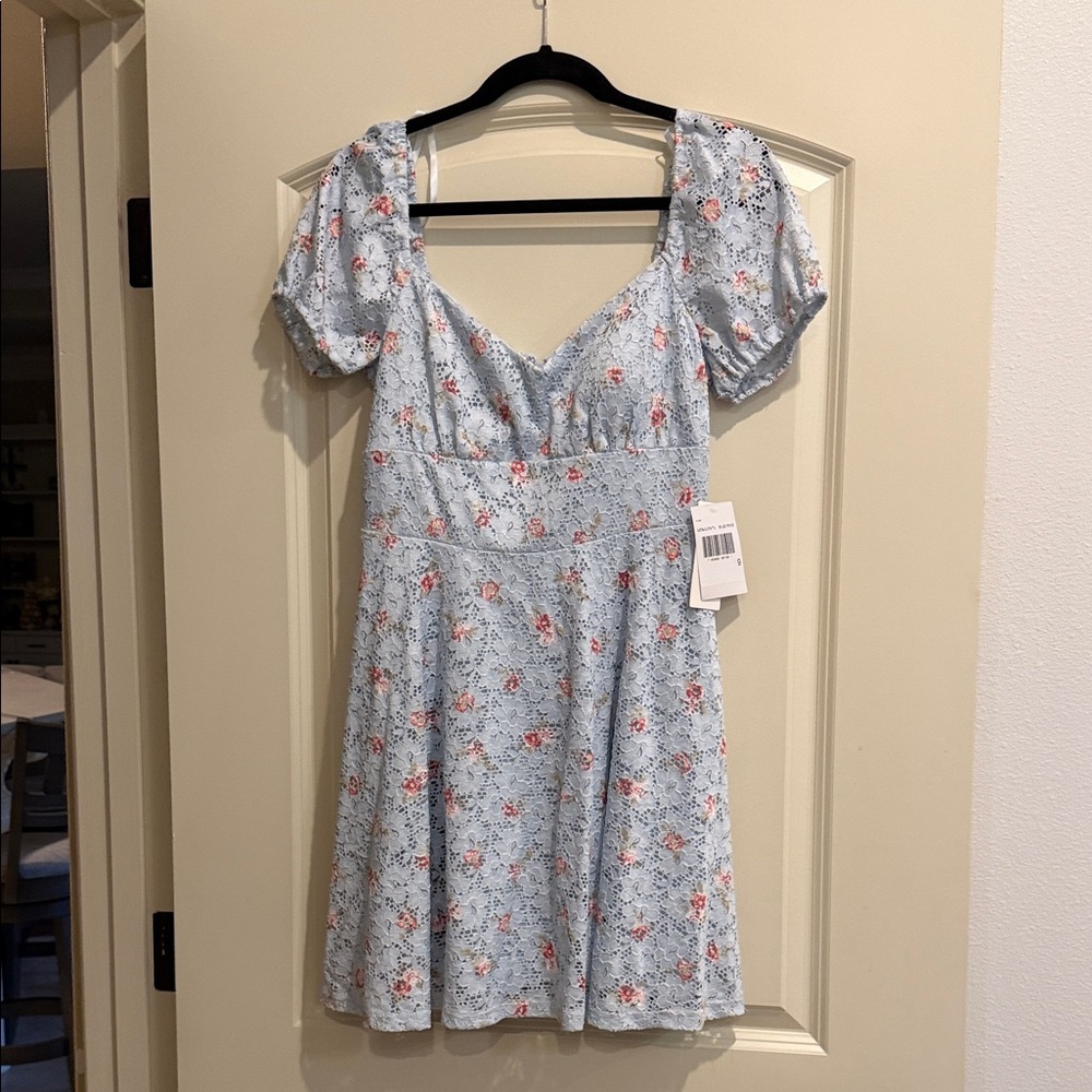 Light Blue Floral Lace Short Dress